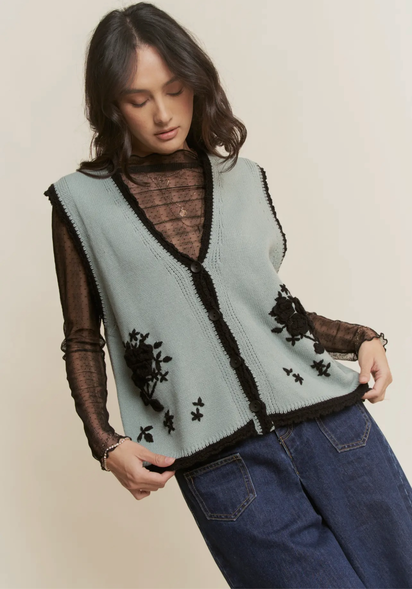 Blue Floral Knit Vest