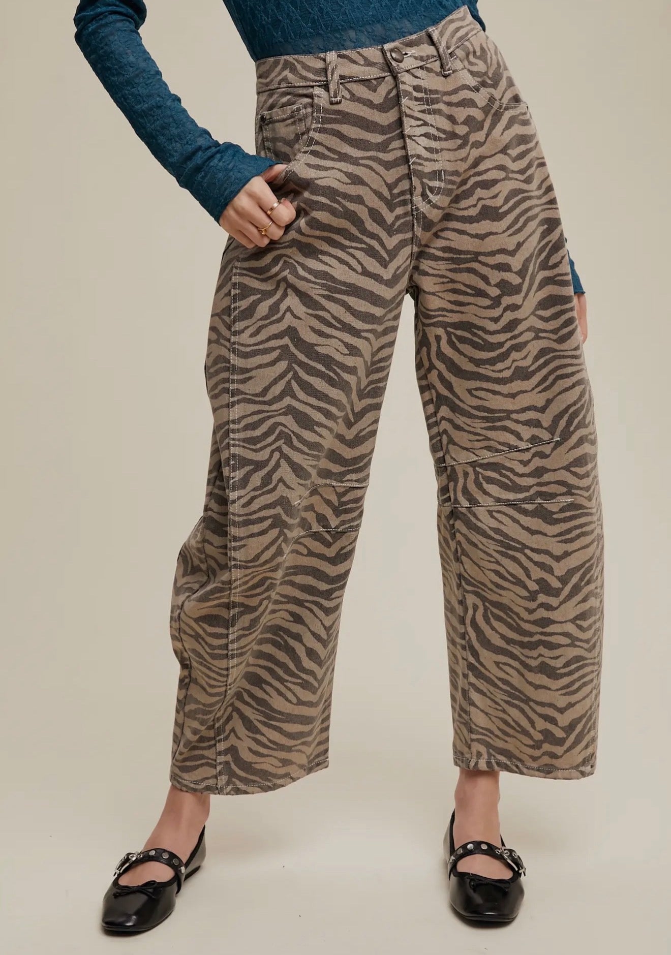 Tiger Print Barrel Jeans