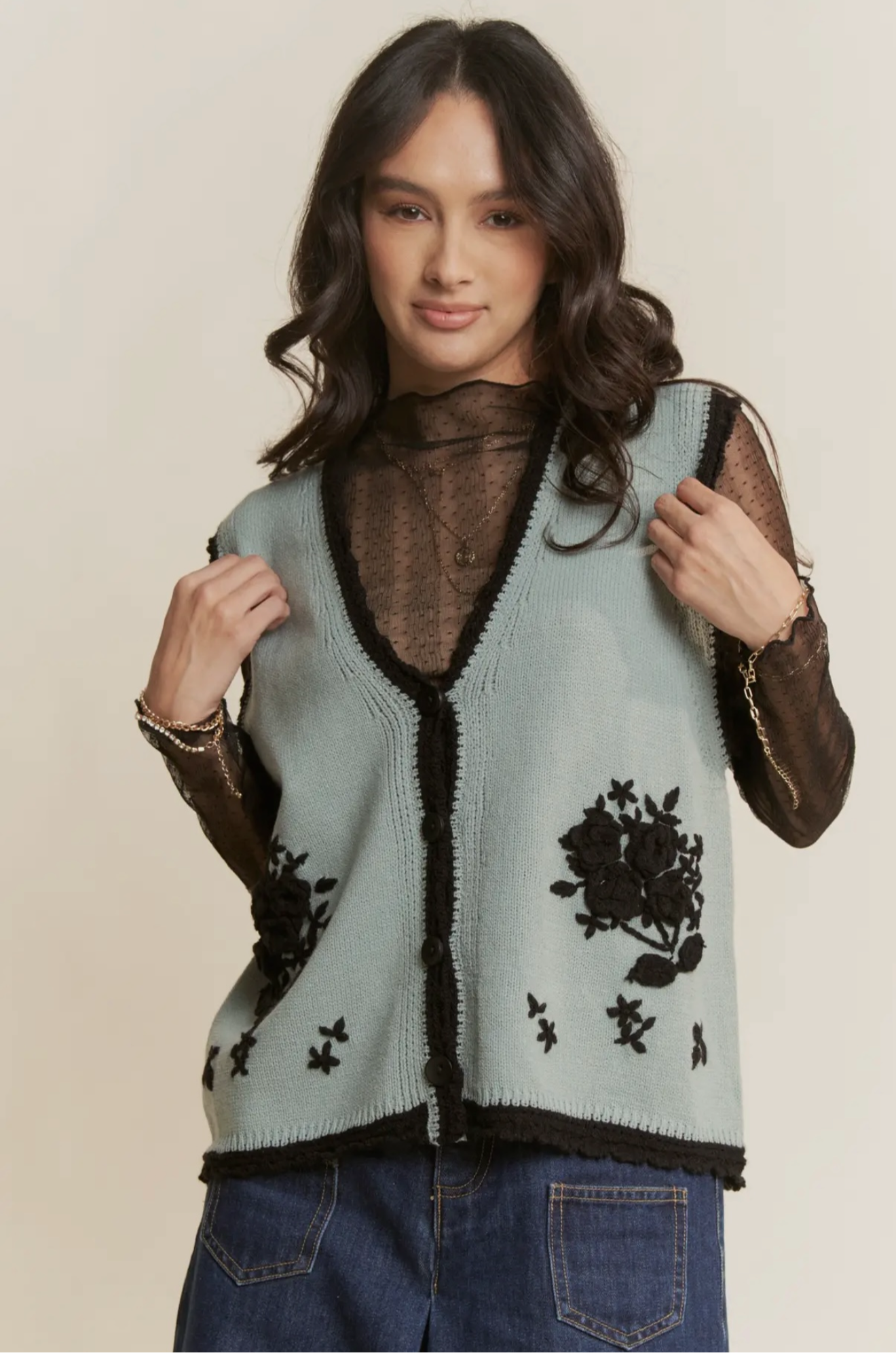 Blue Floral Knit Vest